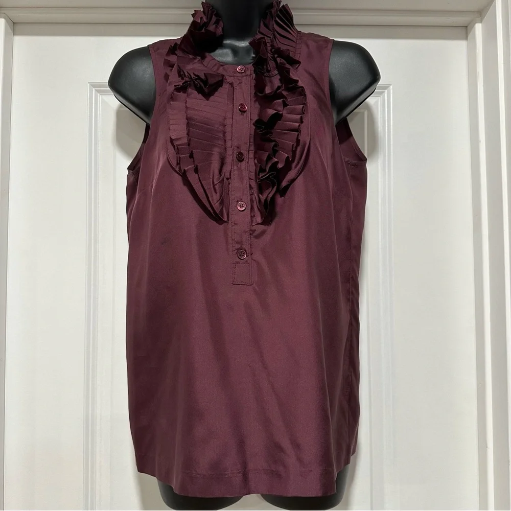 J.Crew Silk Sleeveless Ruffle Pleat Front Blouse Burgundy Wine Size 2
